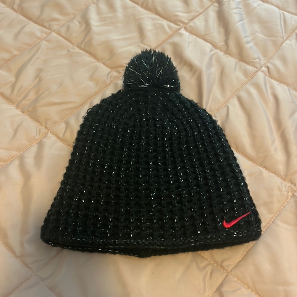 Nike black sparkle beanie with Pom Pom